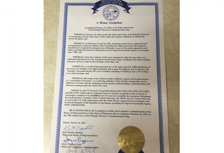 Minnesota House of Representatives recognizes Khojaly Massacre