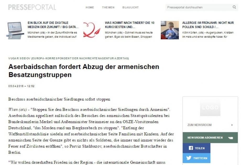 "Presseportal" berichtet über aktuelle Ereignisse im Konflikt um Berg-Karabach