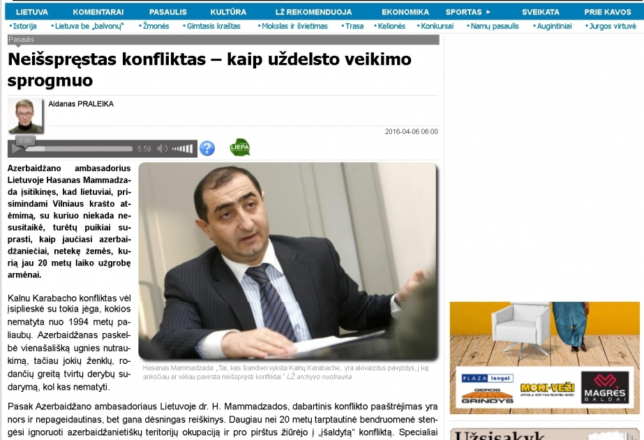“Lietuvos zinios”: Azərbaycan 20 ildir münaqişəni sülh yolu ilə həll etməyə çalışır