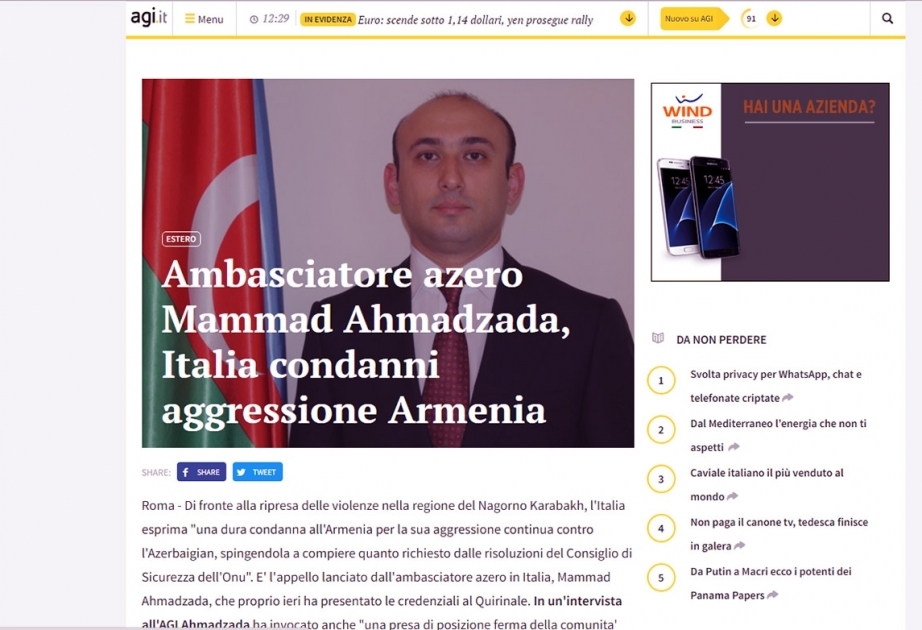 İtaliyanın AGİ agentliyinin oxucuları Ermənistanın təcavüzkar siyasəti barədə məlumatlandırılıb