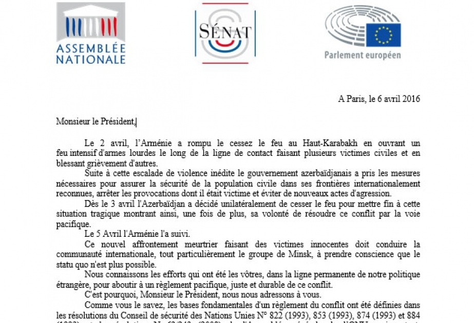 Fransalı deputatlar erməni təxribatları ilə əlaqədar Prezident Fransua Ollanda məktub ünvanlayıblar