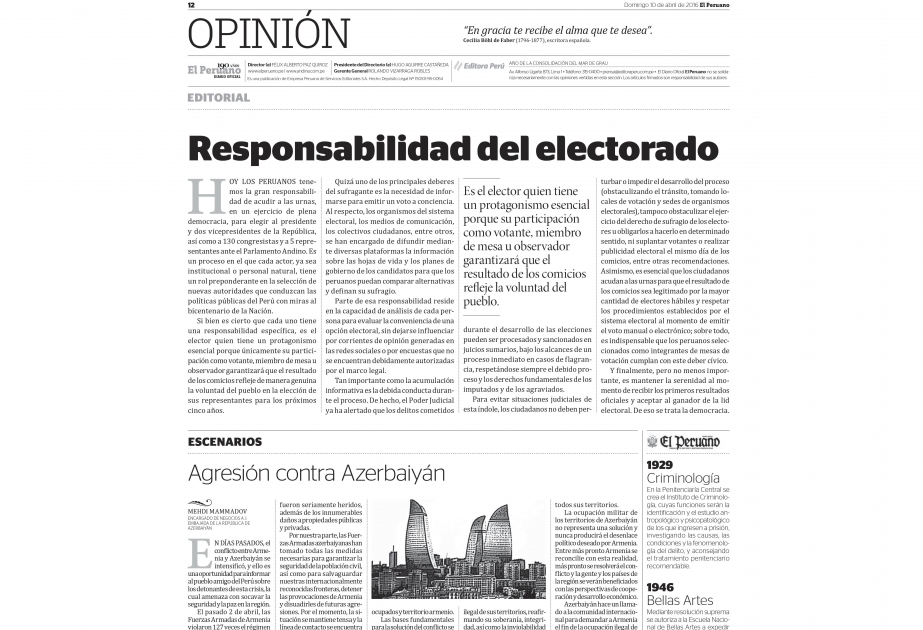 Perunun “El Peruano” qəzetində “Azərbaycana qarşı təcavüz” adlı məqalə dərc edilib