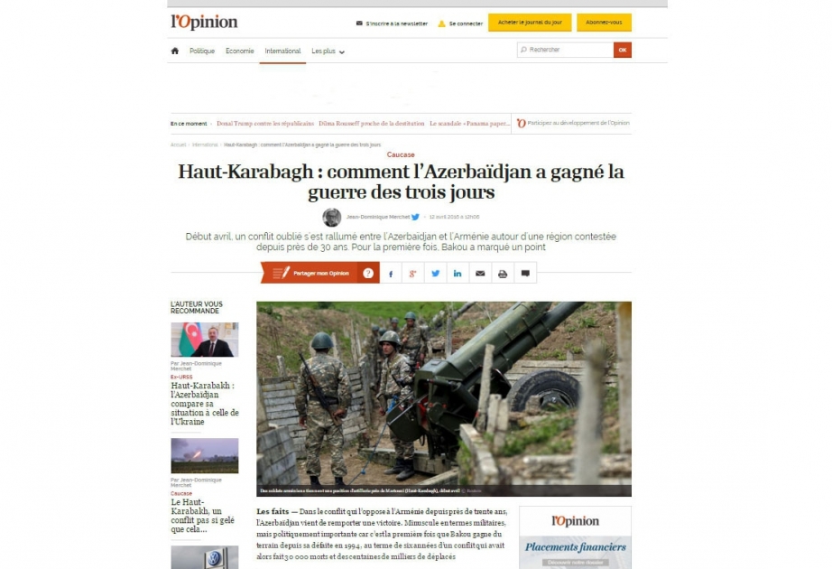 Fransa portalı: Münaqişənin ideal həlli Ermənistan ordusunun Azərbaycanın işğal altındakı torpaqlarından çıxarılmasıdır