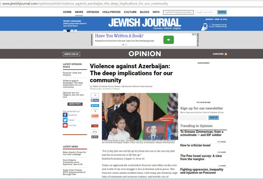 “Jewish Journal” qəzeti Ermənistanın Azərbaycana qarşı təcavüzkar siyasətindən bəhs edir