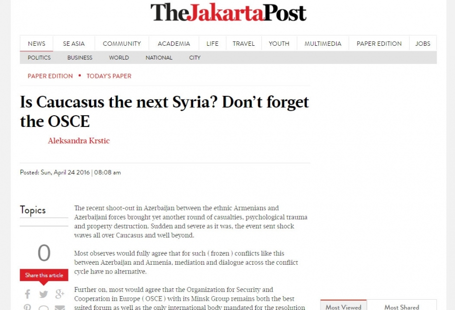 “The Jakarta Post”da Ermənistanı işğal etdiyi Azərbaycan ərazilərindən çıxmağa çağıran məqalə dərc edilib