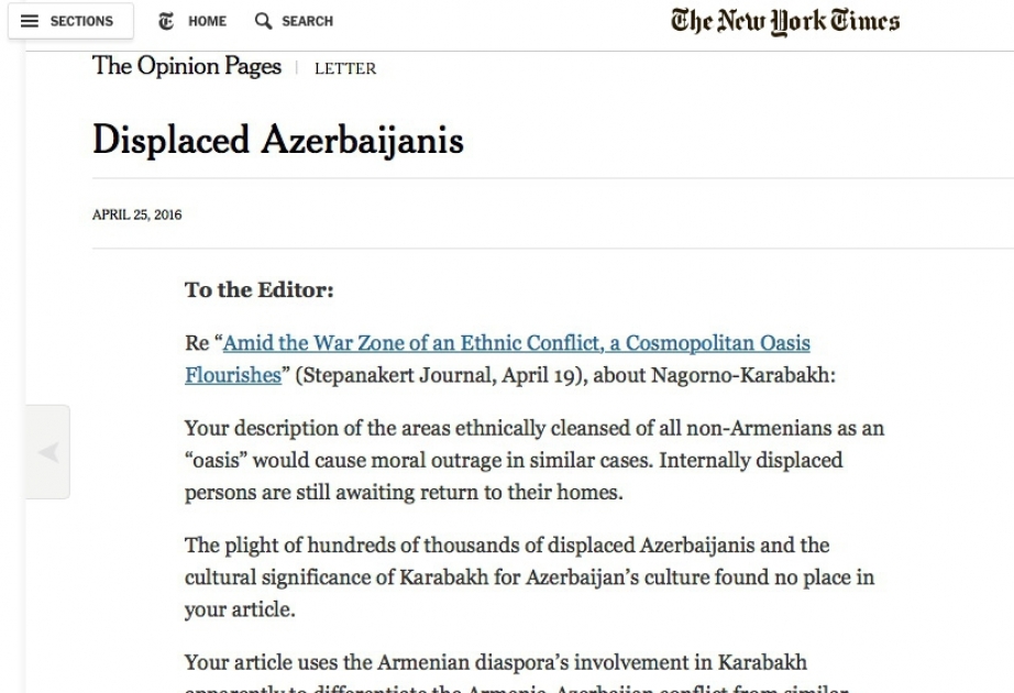 “Nyu-York Times” qəzetində dərc olunmuş qərəzli məqaləyə Azərbaycan diplomatının cavabı