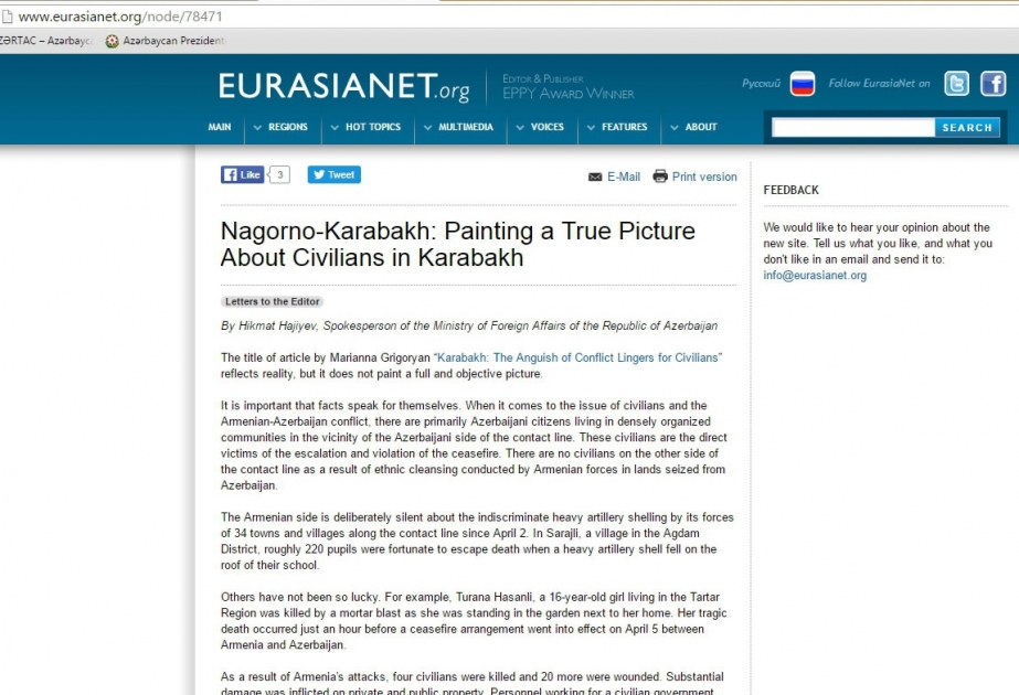 Eurasianet.org portal issues article titled “Nagorno-Karabakh: Painting a True Picture About Civilians in Karabakh”