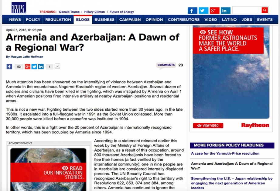 Газета «The Hıll»: «Армения и Азербайджан: начало региональной войны?»