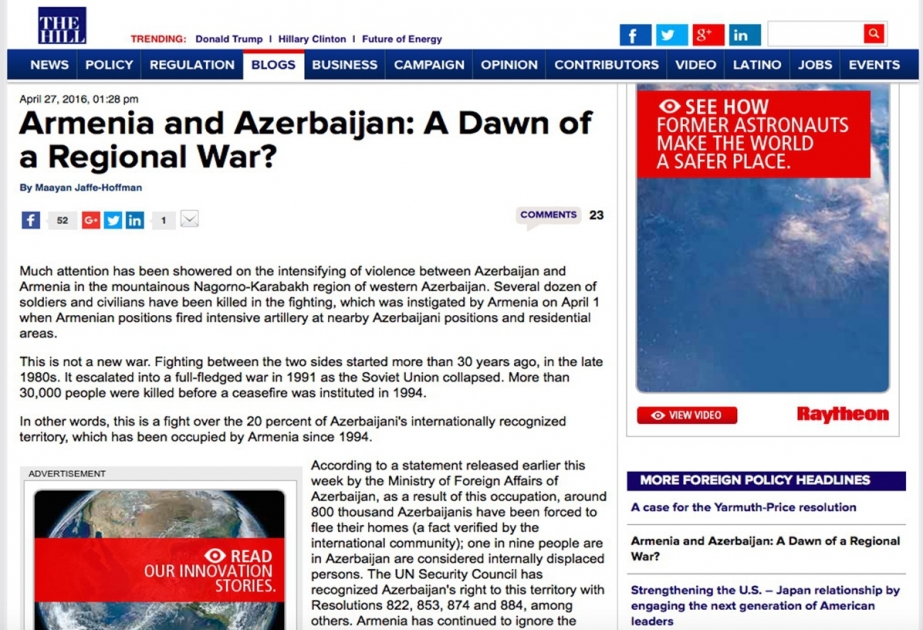 “The Hill”: “Ermənistan və Azərbaycan: regional müharibə başlanırmı?”
