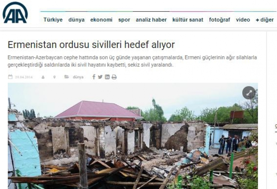 Türkiyə KİV-ləri Ermənistan silahlı qüvvələrinin mülki əhalini ağır artilleriyadan atəşə tutmasına geniş yer ayırıb VİDEO