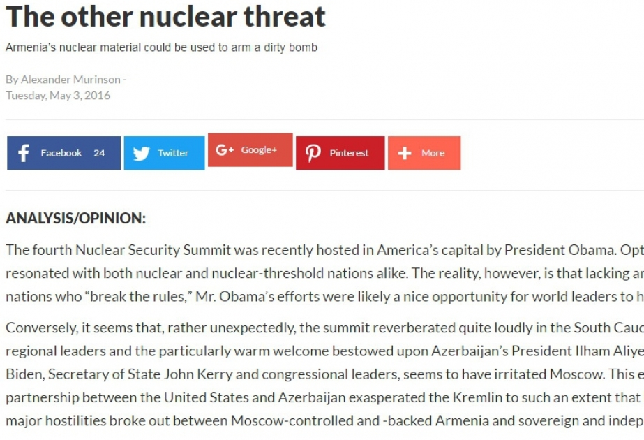 The Washington Times publishes article on Armenia's nuclear material