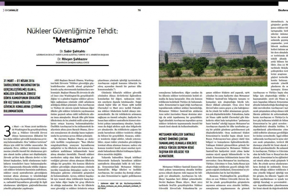 “EkoAvrasiya” jurnalı: “Metsamor: nüvə təhlükəsizliyimizə təhdid”