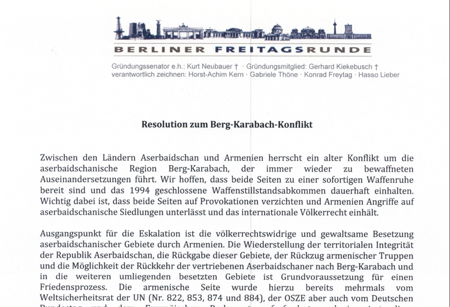 Almaniyanın nüfuzlu “Berliner Freitagrunde” təşkilatı Dağlıq Qarabağ münaqişəsinə dair bəyanat yayıb