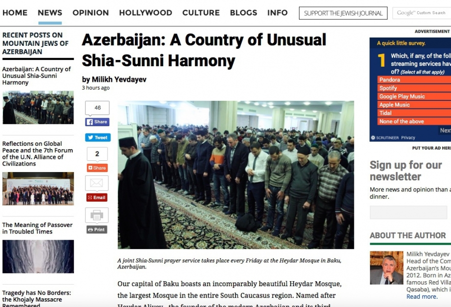 《Jewish Journal》杂志写道：阿塞拜疆是什叶派和逊尼派之间独特的和谐之国