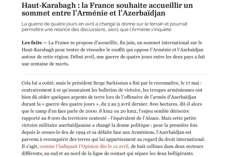 Fransanın “L’Opinion” qəzeti Ermənistan-Azərbaycan münaqişəsindən yazır