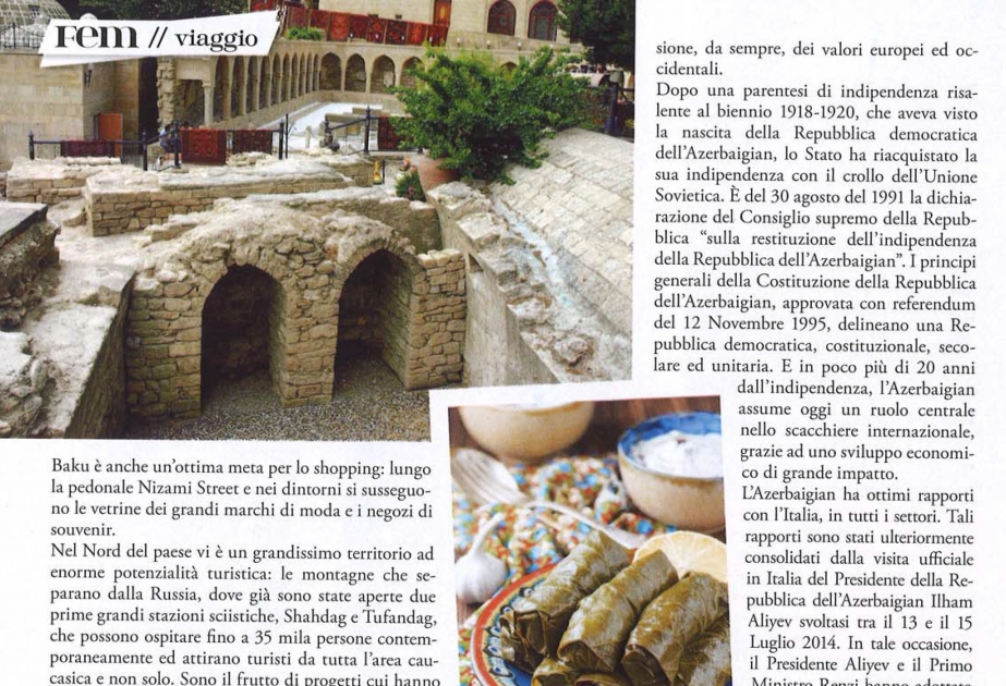 Italian magazine FEM writes about Azerbaijan`s tourism potential