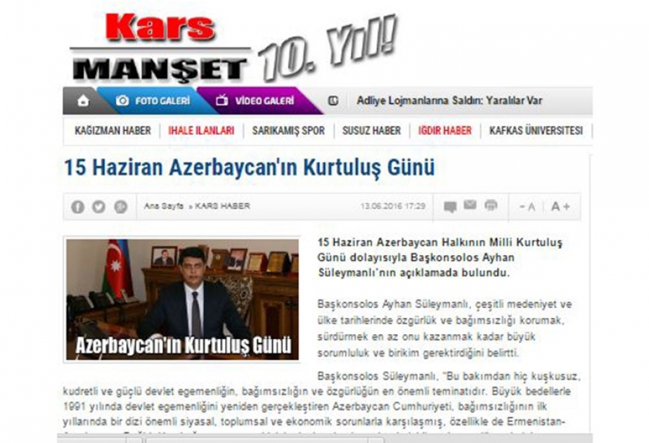 Türkiyə mətbuatı Azərbaycan diplomatının Milli Qurtuluş Günü barədə məqaləsini yayıb