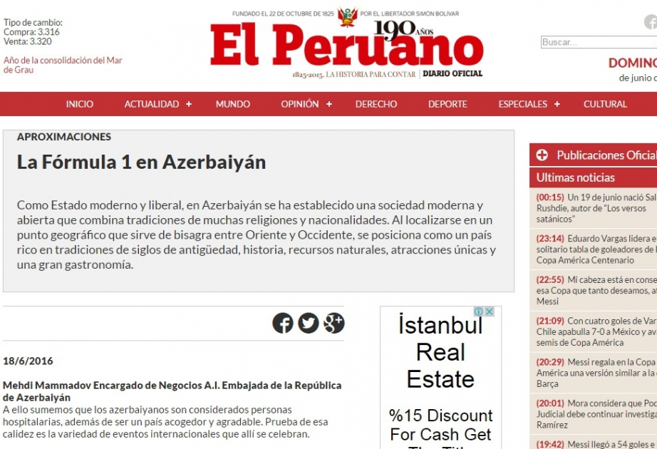 “El Peruano” qəzeti: “Formula 1 Azərbaycanda”