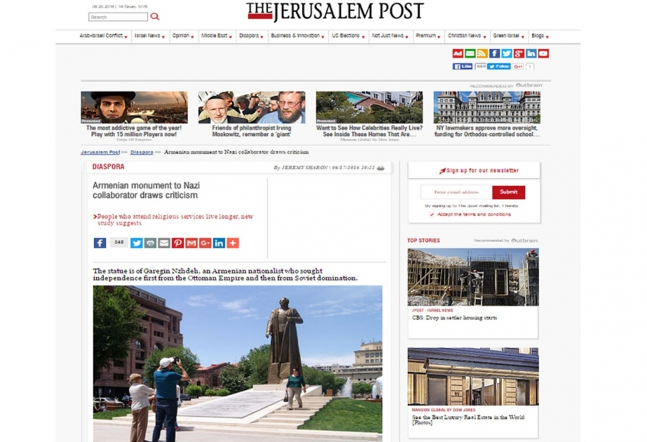 “The Jerusalem Post” Ermənistanda nasistə abidə ucaldılmasını ciddi tənqid edib