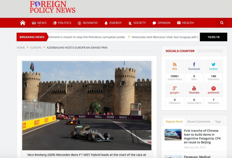 “Foreign Policy News”: Formula-1 Avropa Qran-prisi Azərbaycana şöhrət gətirdi