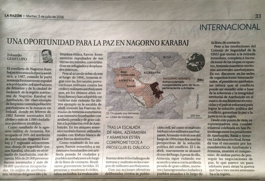 Spanish newspaper emphasizes Armenia’s aggression policy against Azerbaijan