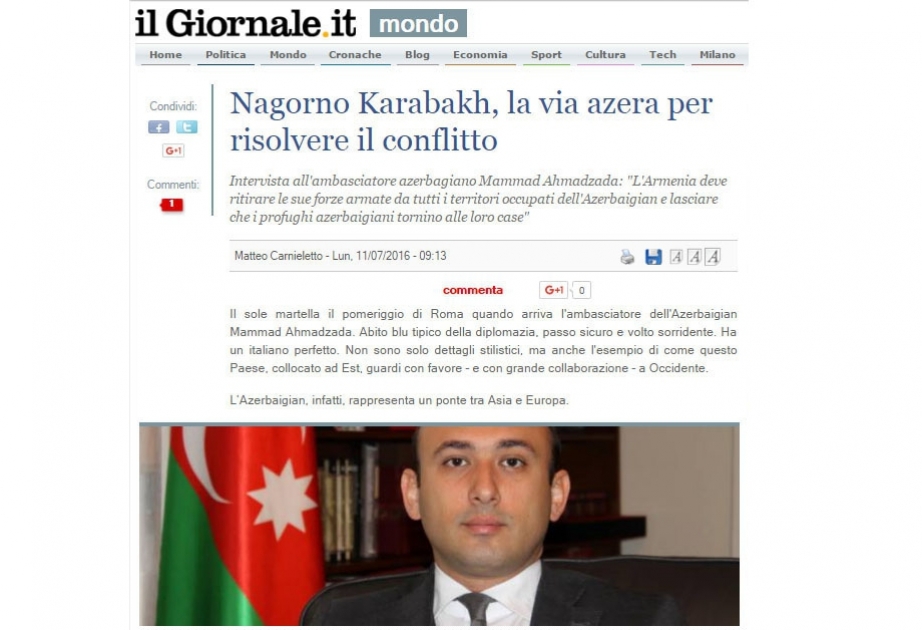 Italian newspaper publishes interview with Azerbaijani Ambassador
