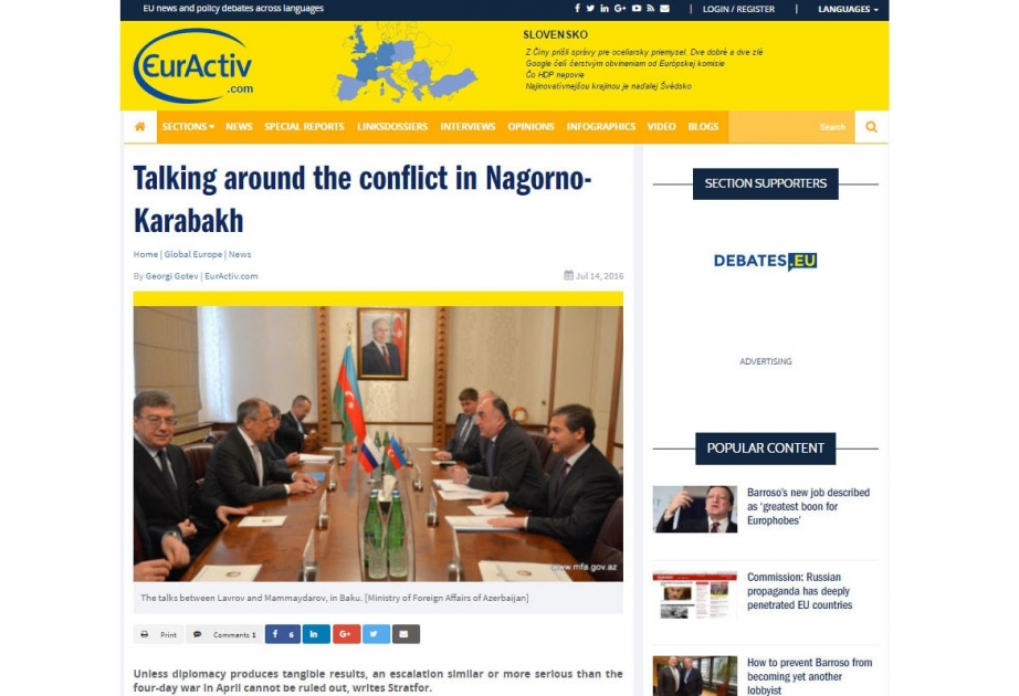 Euroactiv portal publishes article on Armenia-Azerbaijan, Nagorno-Karabakh conflict