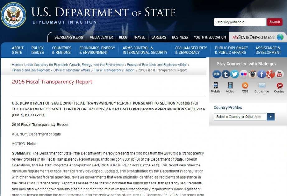 U.S. Department of State 2016 Fiscal Transparency Report: Azerbaijan made significant progress