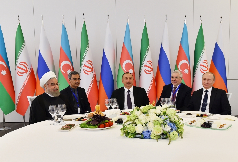Official reception hosted on behalf of President Ilham Aliyev in honor of Iranian and Russian leaders VIDEO