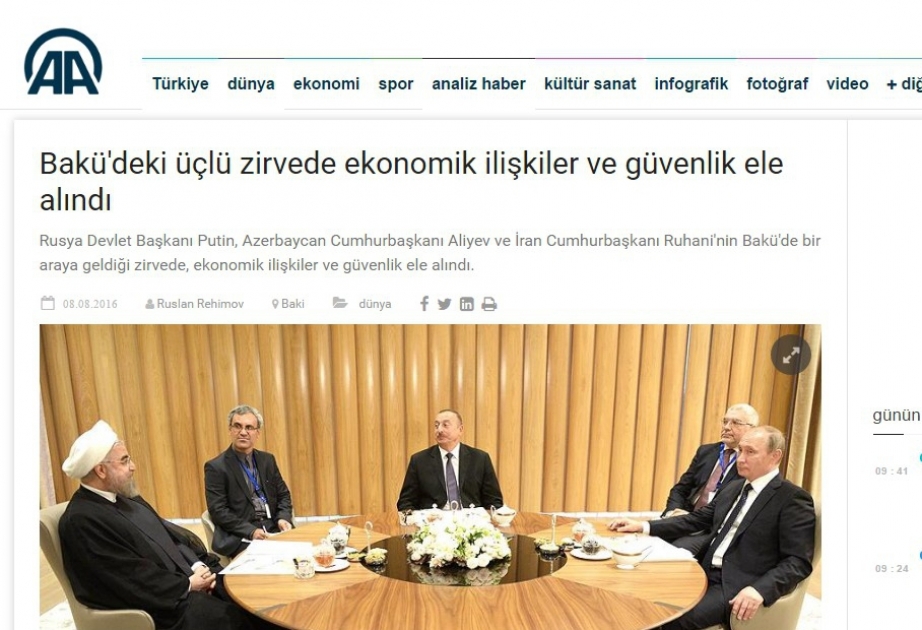 Turkish media highlight Azerbaijan-Iran-Russia trilateral summit