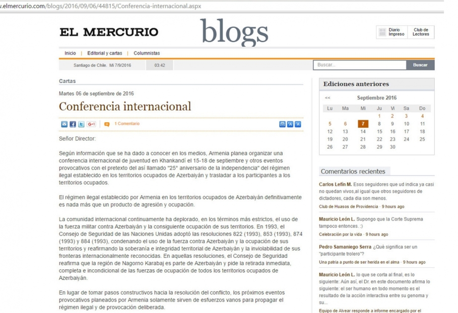 Chilean newspapers condemn Armenia's military aggression against Azerbaijan