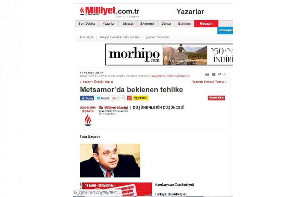 Türkiyənin “Milliyet” qəzetində Azərbaycan səfirinin “Metsamordan gözlənən təhlükə” adlı məqaləsi dərc edilib