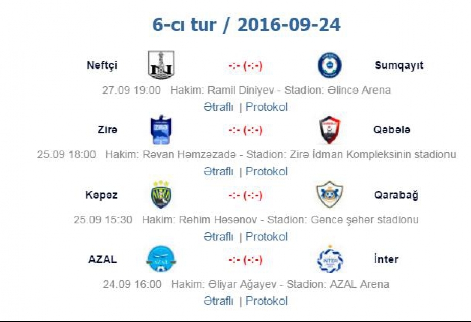 جدول الجولة الـ 6 من دوري أذربيجان الممتاز لكرة القدم