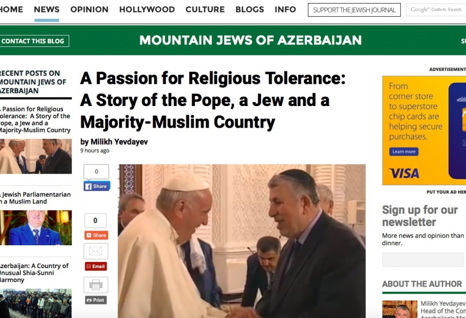 В издании Jewish Journal опубликована статья о визите Папы Римского в Баку