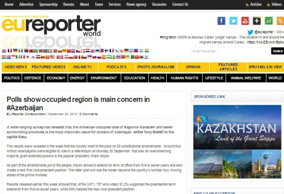 «EU Reporter» : Le sondage confirme que la principale préoccupation en Azerbaïdjan concerne les terres occupées
