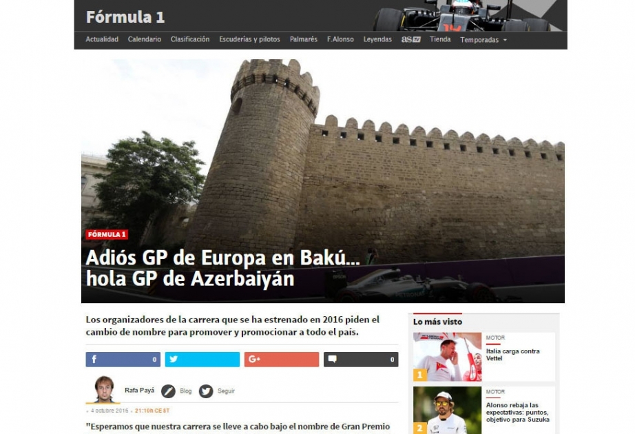 İspaniyanın “AS” qəzetində Formula-1 yarışının Bakı mərhələsi ilə bağlı yazı dərc olunub