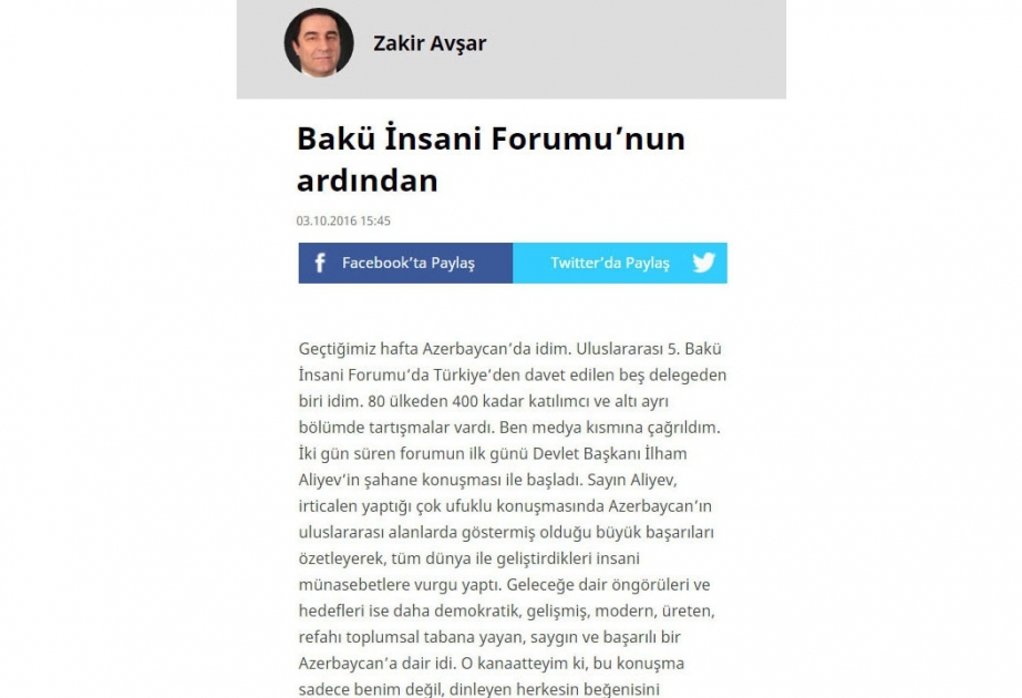 Professor Zakir Avşar: Bakı Forumuna marağın artmasında Azərbaycan dövlətinin xüsusi diqqəti mühüm rol oynayır