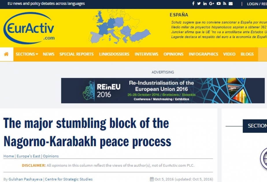 EurActiv news portal publishes article on Armenia-Azerbaijan Nagorno-Karabakh conflict