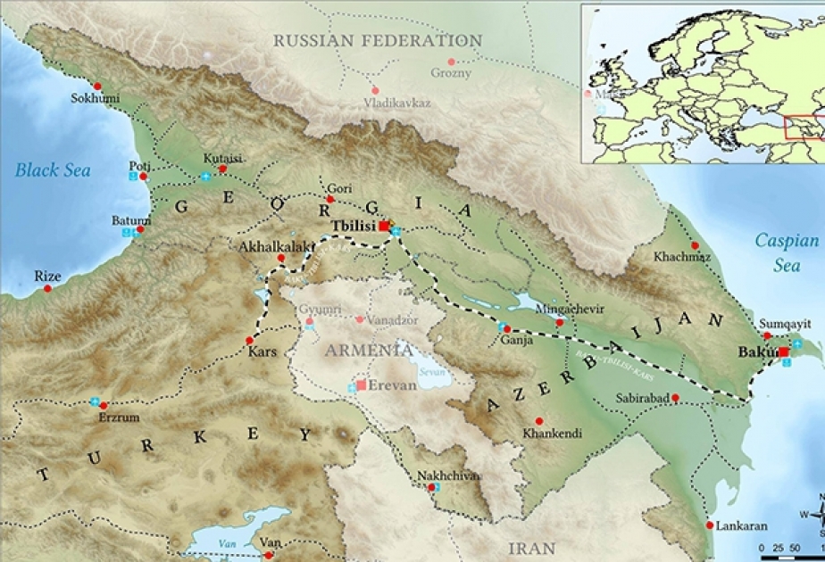 Bahnstrecke Baku-Tiflis-Kars auf der Karte eingezeichnet