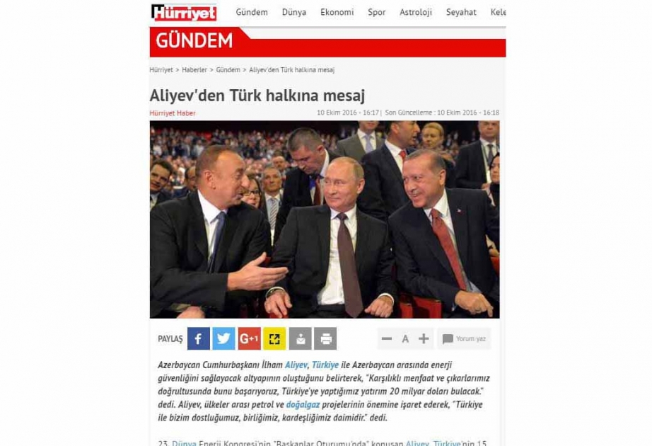 La participation du président azerbaïdjanais au Congrès mondial de l’Energie est le centre d’attention des médias turcs