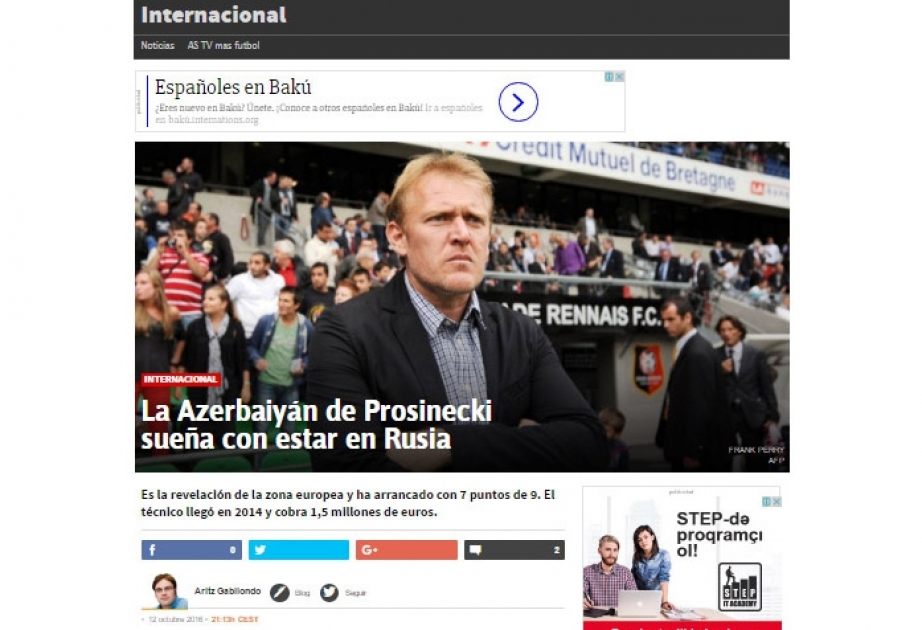 İspaniyanın “AS” qəzeti futbol üzrə Azərbaycan millisinin uğurlu çıxışından yazıb