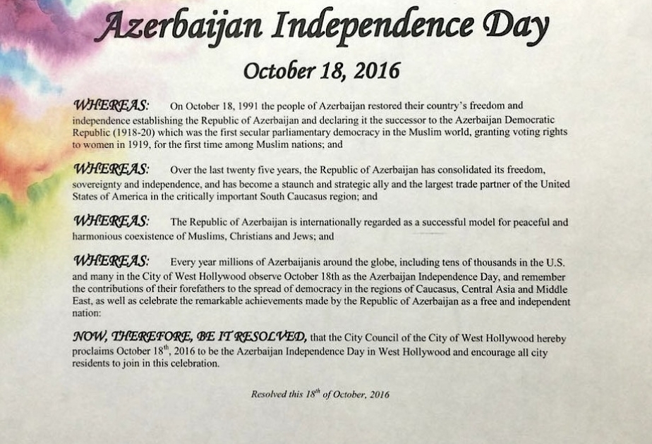 18. Oktober in West Hollywood zum Tag der Unabhängigkeit von Aserbaidschan erklärt