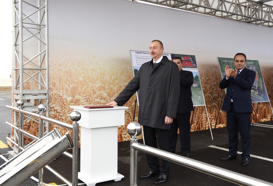 President Ilham Aliyev laid foundation of granary of Aghstafa grain processing and flour products plant VIDEO