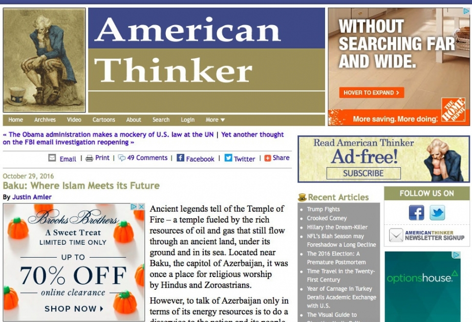 “American Thinker”: Bakı İslamın öz gələcəyi ilə qarşılaşdığı məkandır