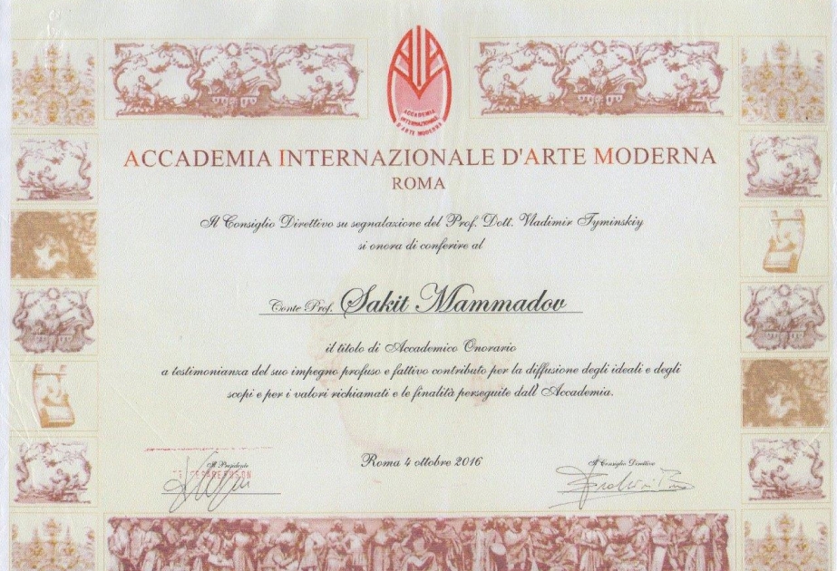 Заслуженный художник Сакит Маммадов избран почетным членом Римской академии соврменного искусства и награжден медалью К.Шпитцвега