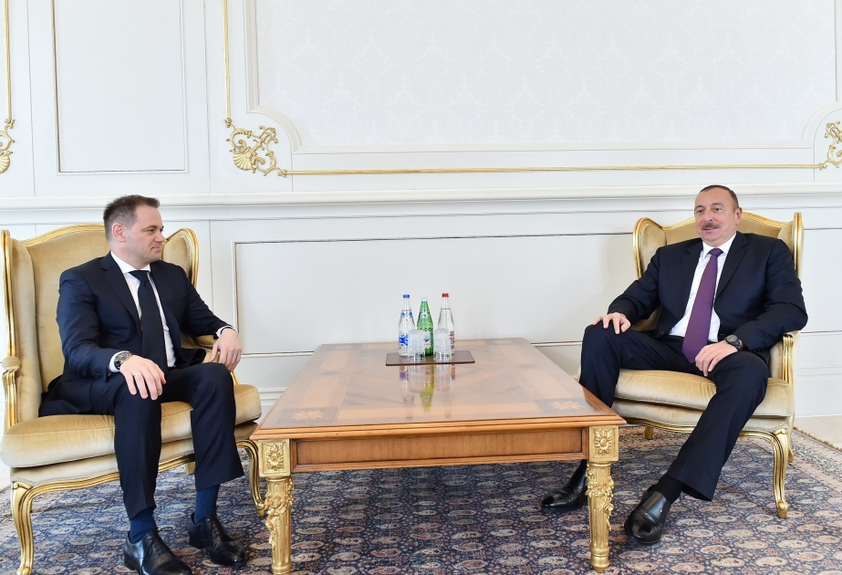 Präsident Ilham Aliyev empfängt neuen Botschafter von Albanien zur Entgegennahme des Beglaubigungsschreibens VIDEO