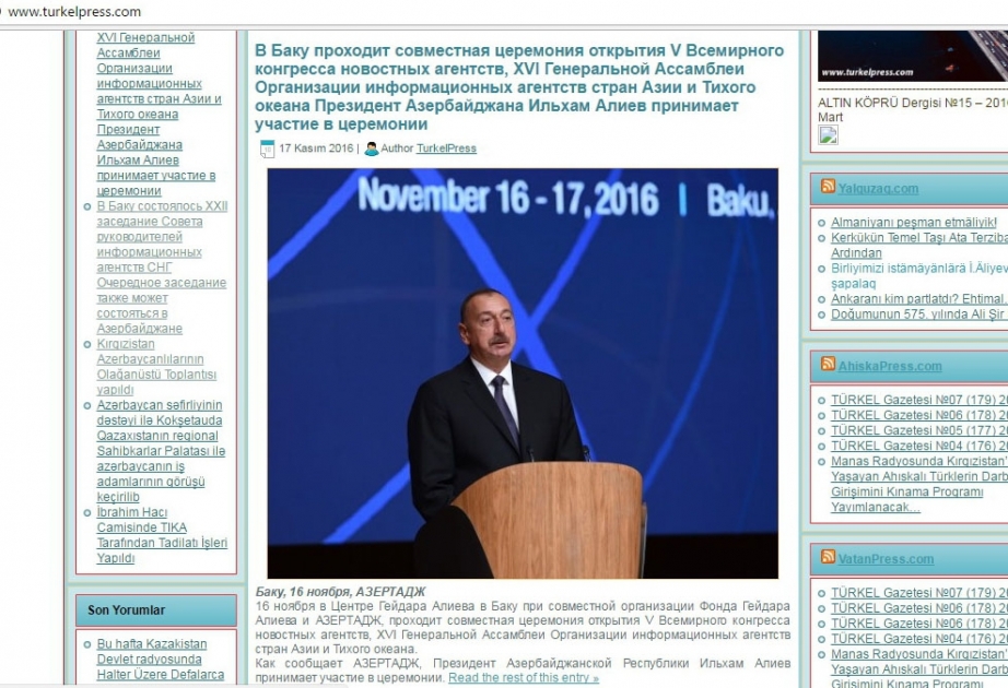 Qırğızıstan portalı beynəlxalq media təşkilatlarının Bakıda keçirilən tədbirlərini işıqlandırıb