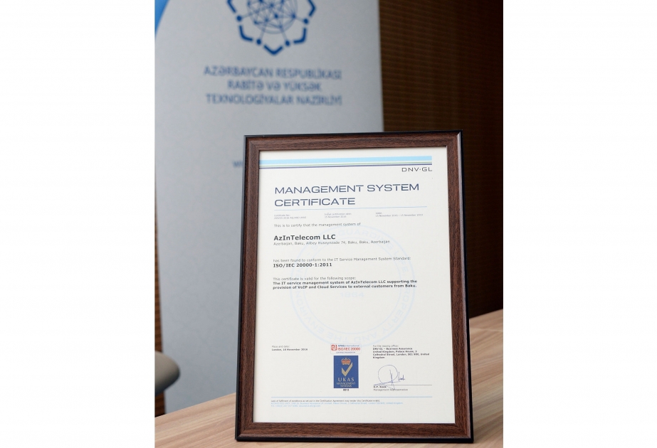 “AzInTelecom” MMC beynəlxalq keyfiyyət sertifikatına layiq görülüb