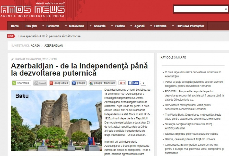 Rumıniya agentliyi AZƏRTAC-ın xüsusi müxbirinin müstəqilliyimizin bərpasının 25 illiyi ilə bağlı məqaləsini yayıb