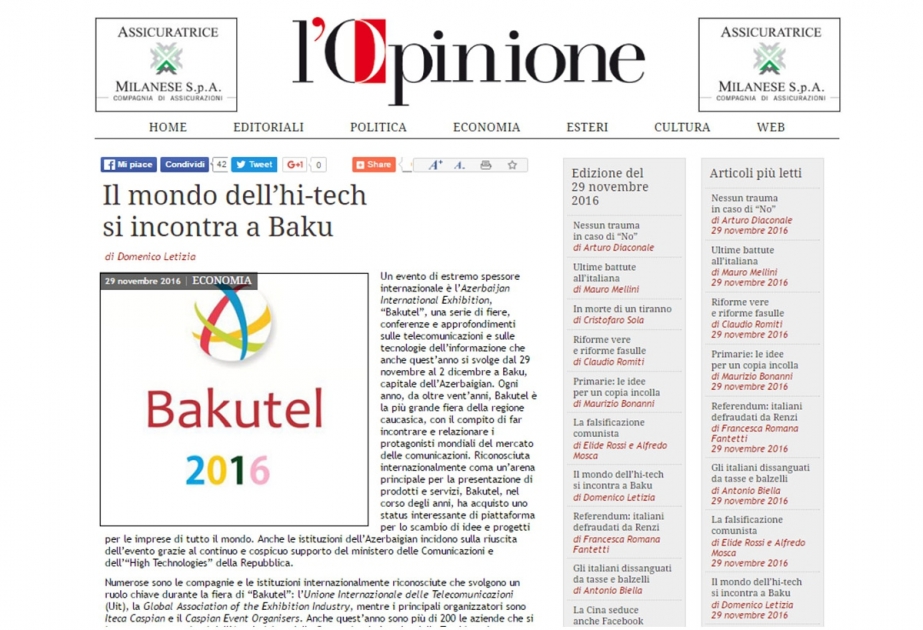 Italian newspaper highlights Bakutel 2016 exhibition